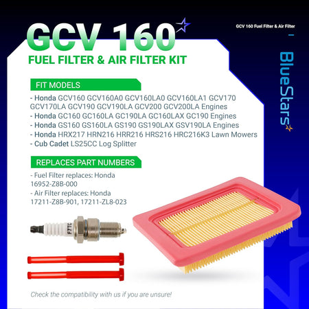 Replacement air filter, spark plug, and fuel line kit for Honda GCV160, GCV170, GCV190, and GCV200 engines.