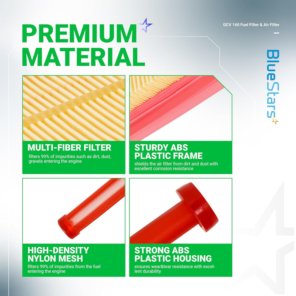 Infographic showing premium material features of GCV160 air filter and fuel filter components.
