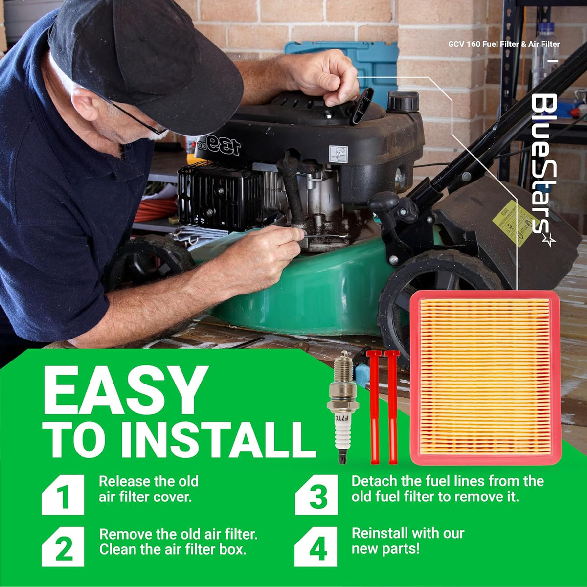 Installation guide for GCV160 air filter and fuel filter replacement on a Honda lawn mower engine.