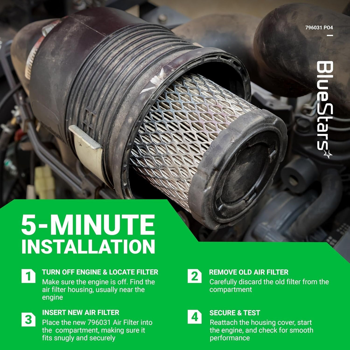 796031 air filter installed in a lawn mower engine housing with 5-minute installation instructions overlay.
