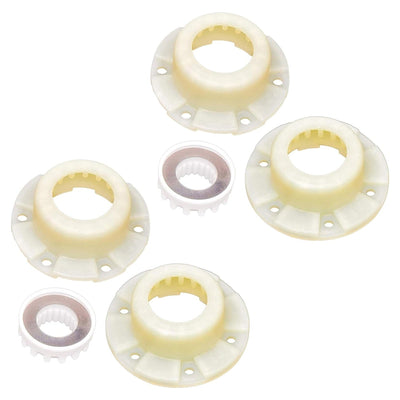 W10820039 washer hub kit components including three plastic drive hubs and two small gear inserts.