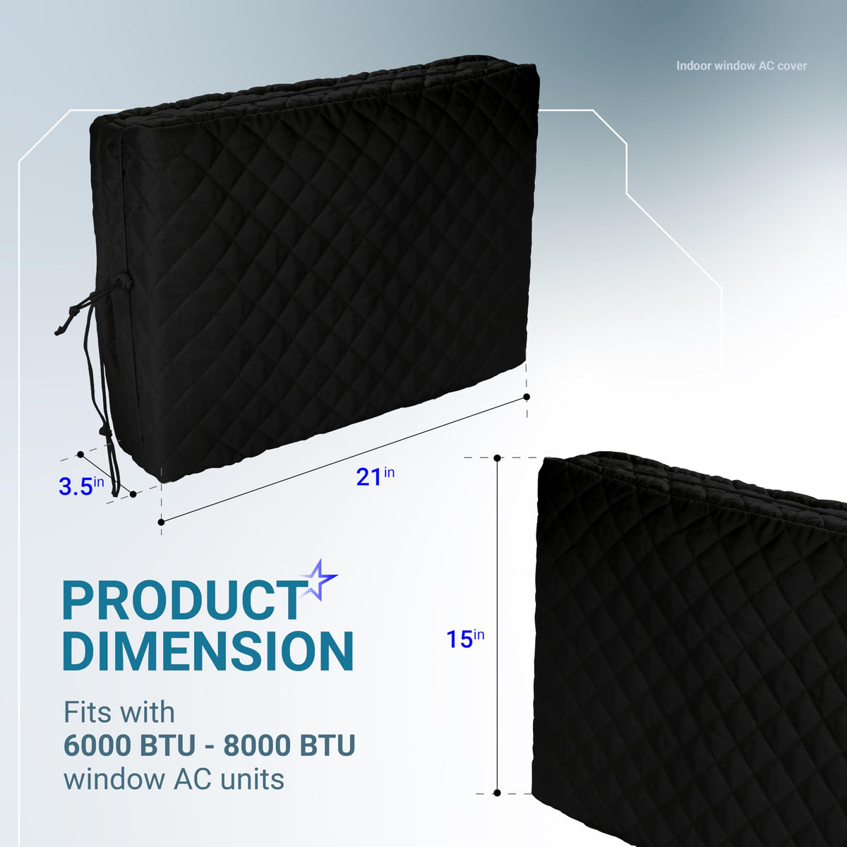 Black quilted indoor window air conditioner cover showing product dimensions of 21 x 15 x 3.5 inches.