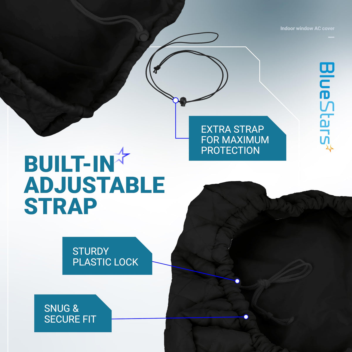 Black indoor window AC cover showing adjustable strap, plastic lock, and secure fit features.