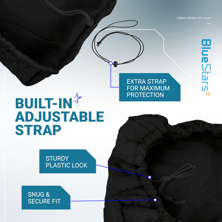 Black indoor window AC cover showing adjustable strap, plastic lock, and secure fit features.