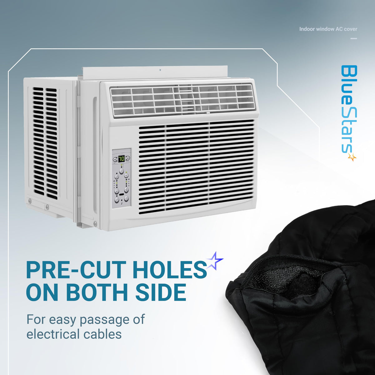 Black indoor window AC cover showing pre-cut side holes for electrical cables with Velcro fasteners.
