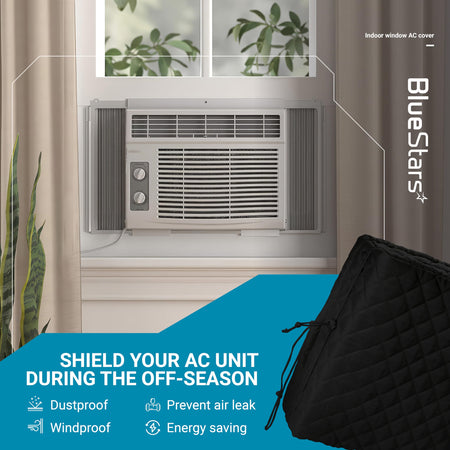Black quilted indoor window air conditioner cover for winter insulation installed on a window AC unit.