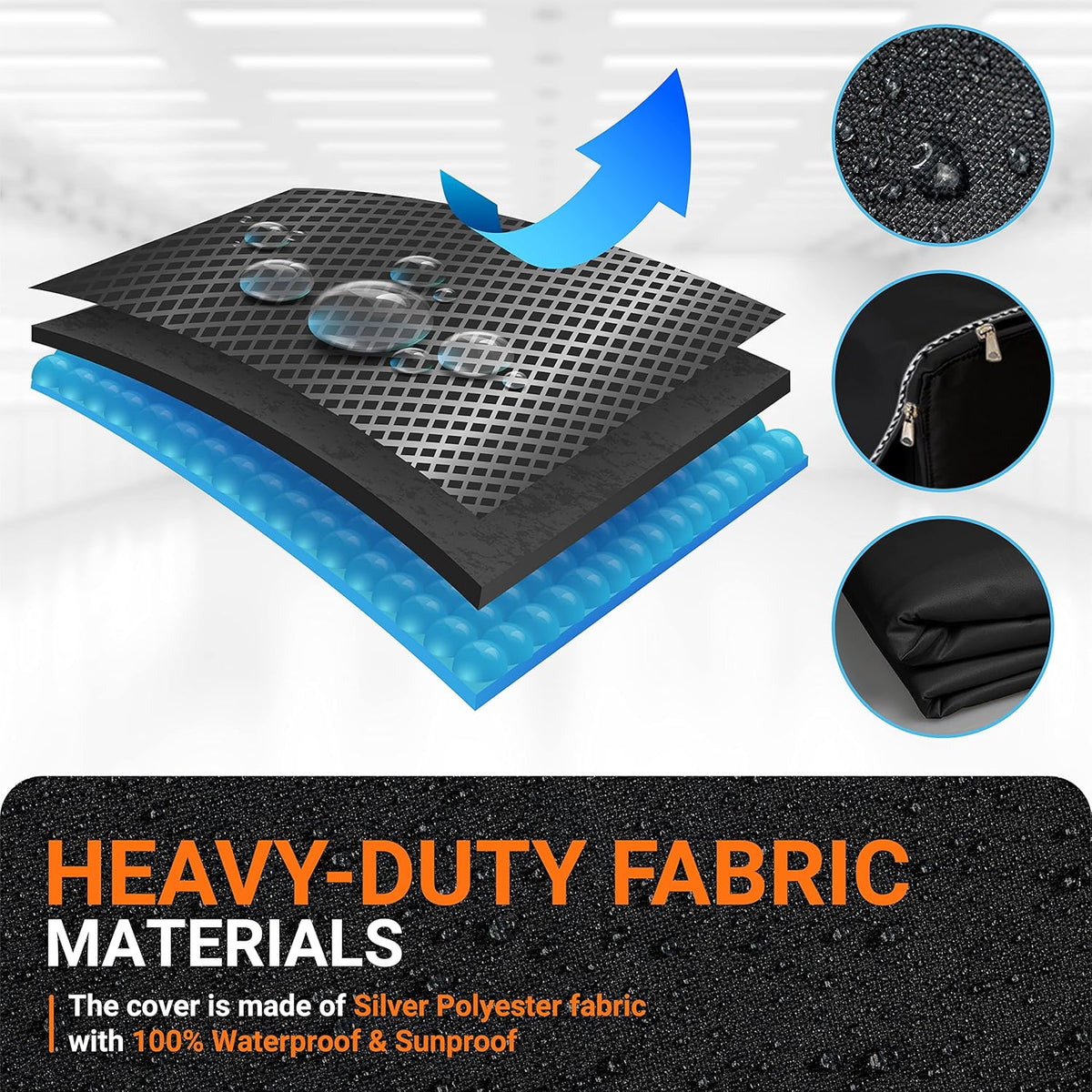 Diagram showing multi-layer waterproof material construction of the black top-load washing machine cover.