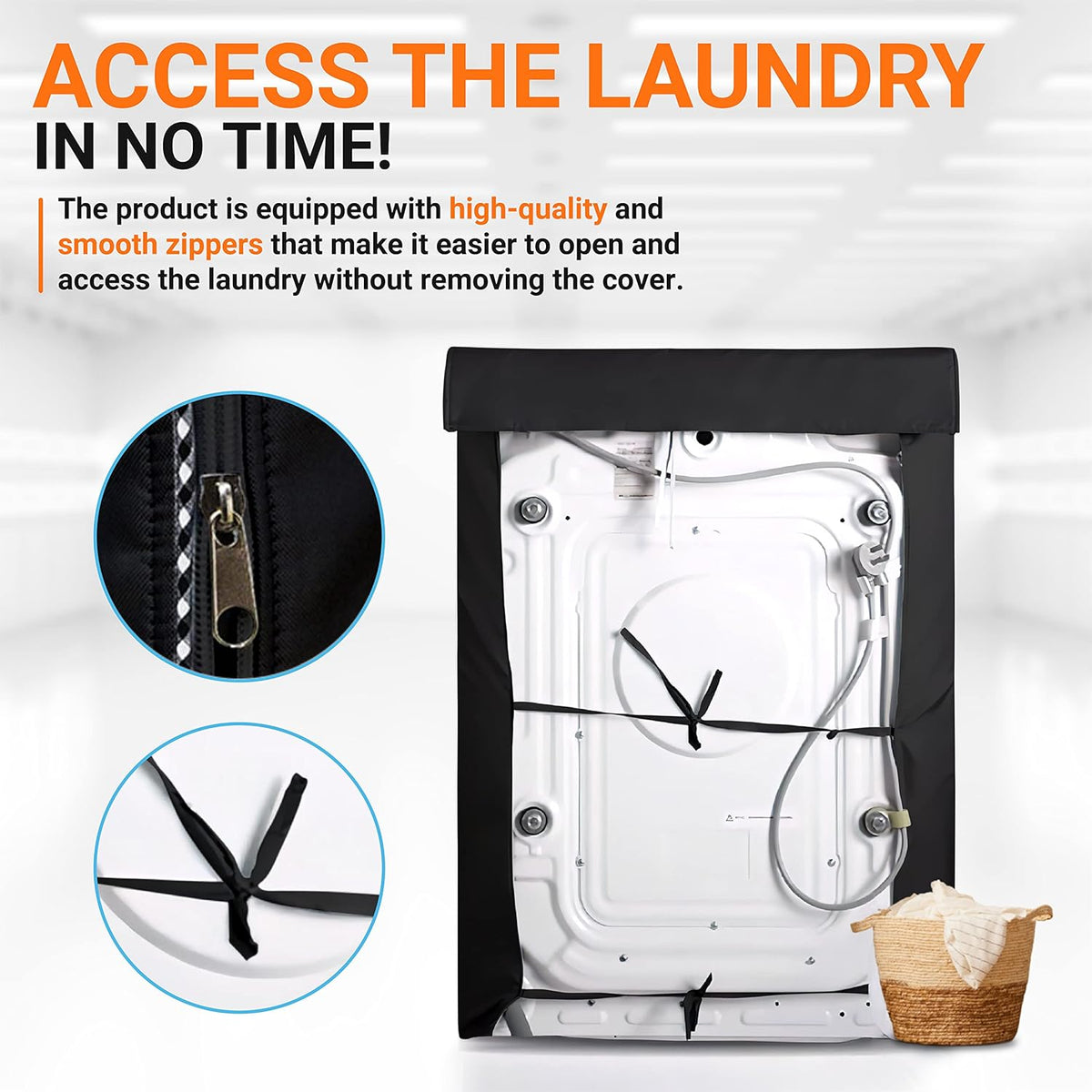 Close-up of black top-load washing machine cover zippers and rear tie-down straps for secure outdoor protection.