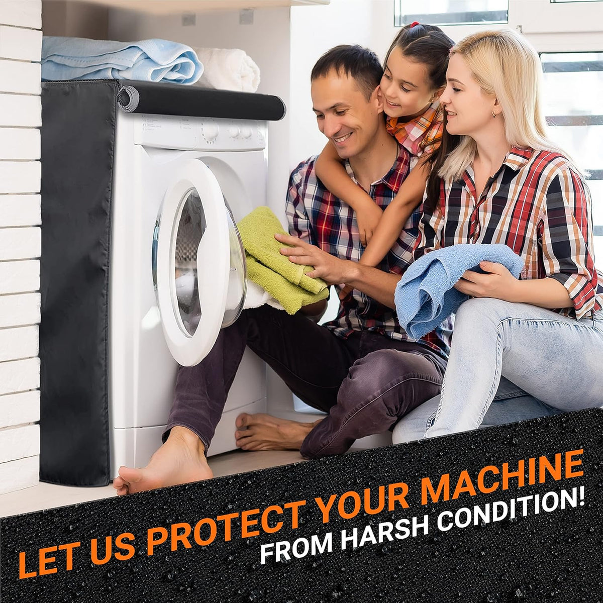 Family sitting by a front-load washing machine protected by a premium black outdoor cover.