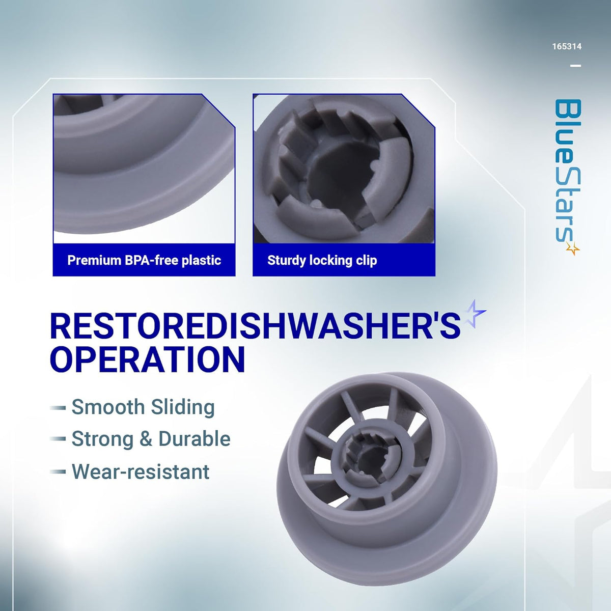 Infographic showing 165314 dishwasher lower rack wheel features, including close-ups of the locking clip and plastic build.