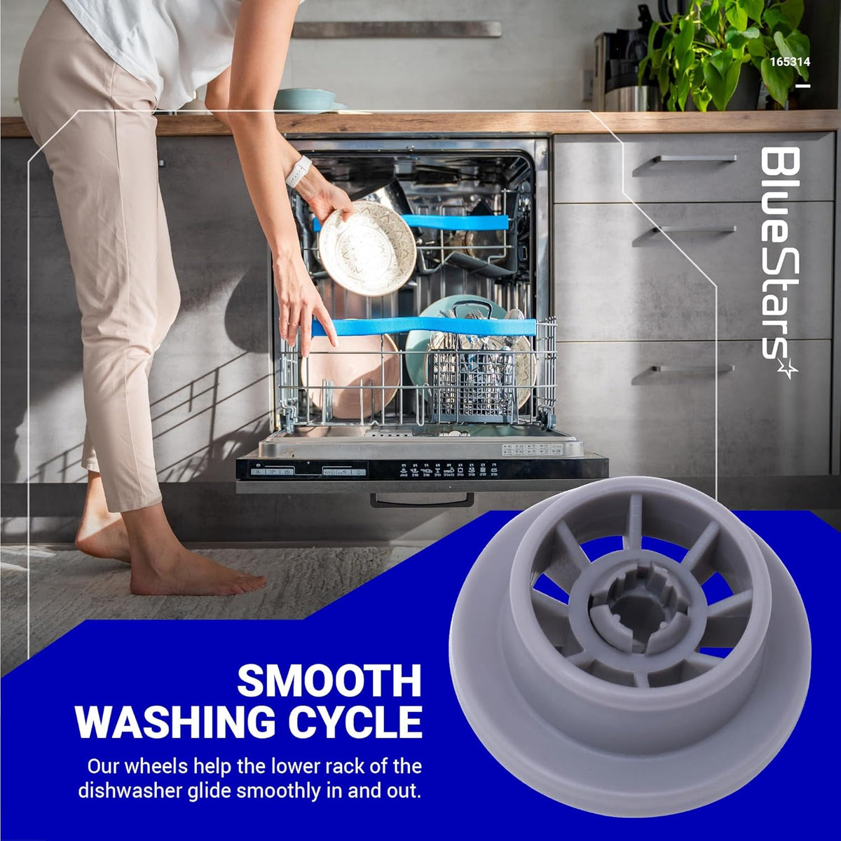 Close-up of a 165314 dishwasher lower rack wheel compatible with Bosch and Kenmore dishwashers.