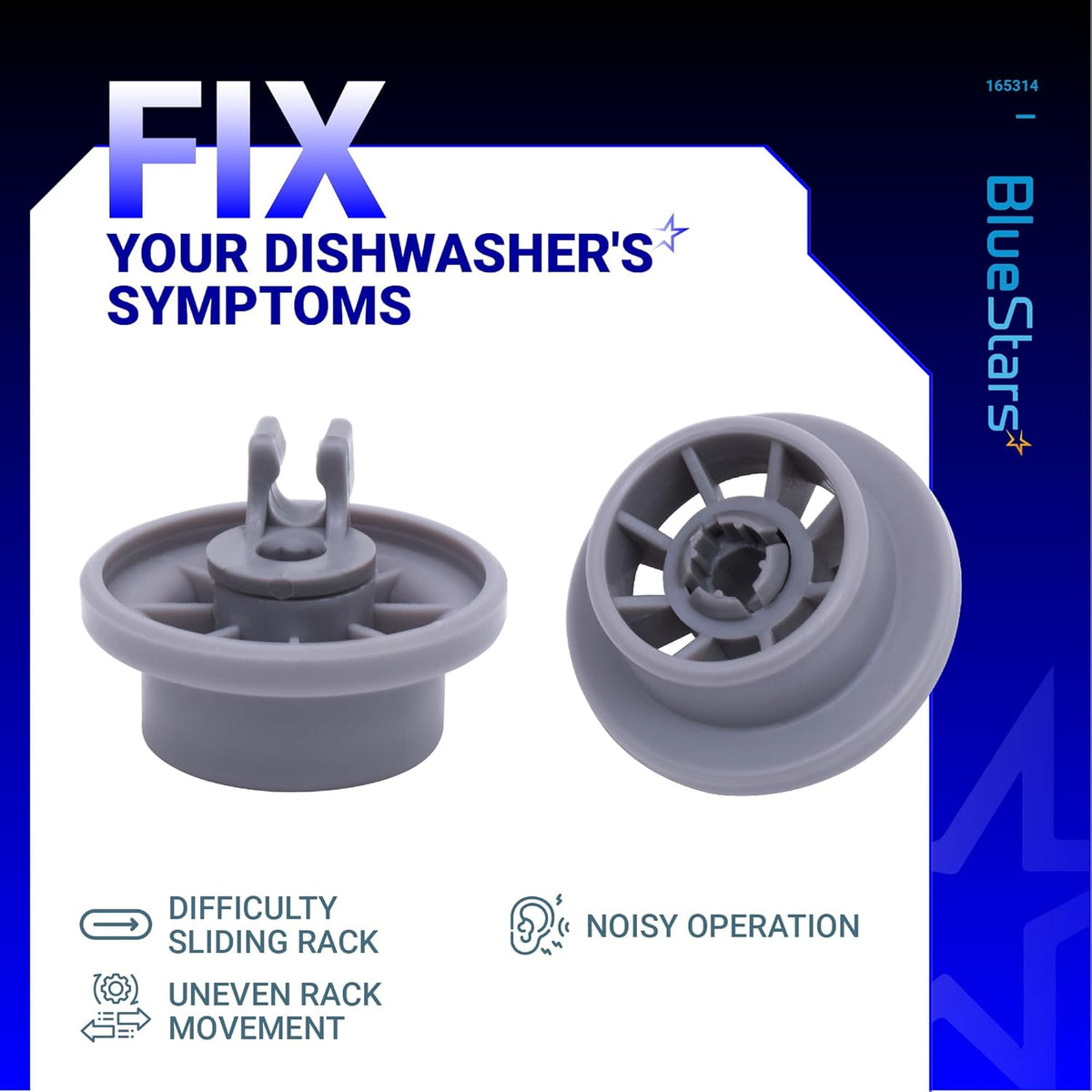 Two gray 165314 dishwasher lower rack wheels shown from side and top angles for Bosch and Kenmore repair.