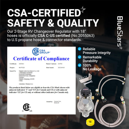 CSA-certified 2-stage RV propane changeover regulator with 18-inch hoses and compliance certificate.