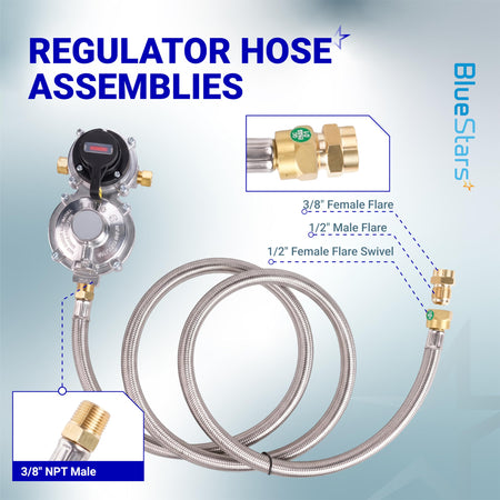 Gas regulator hose assembly with 3/8 inch NPT male inlet and 3/8 inch female flare swivel outlet.