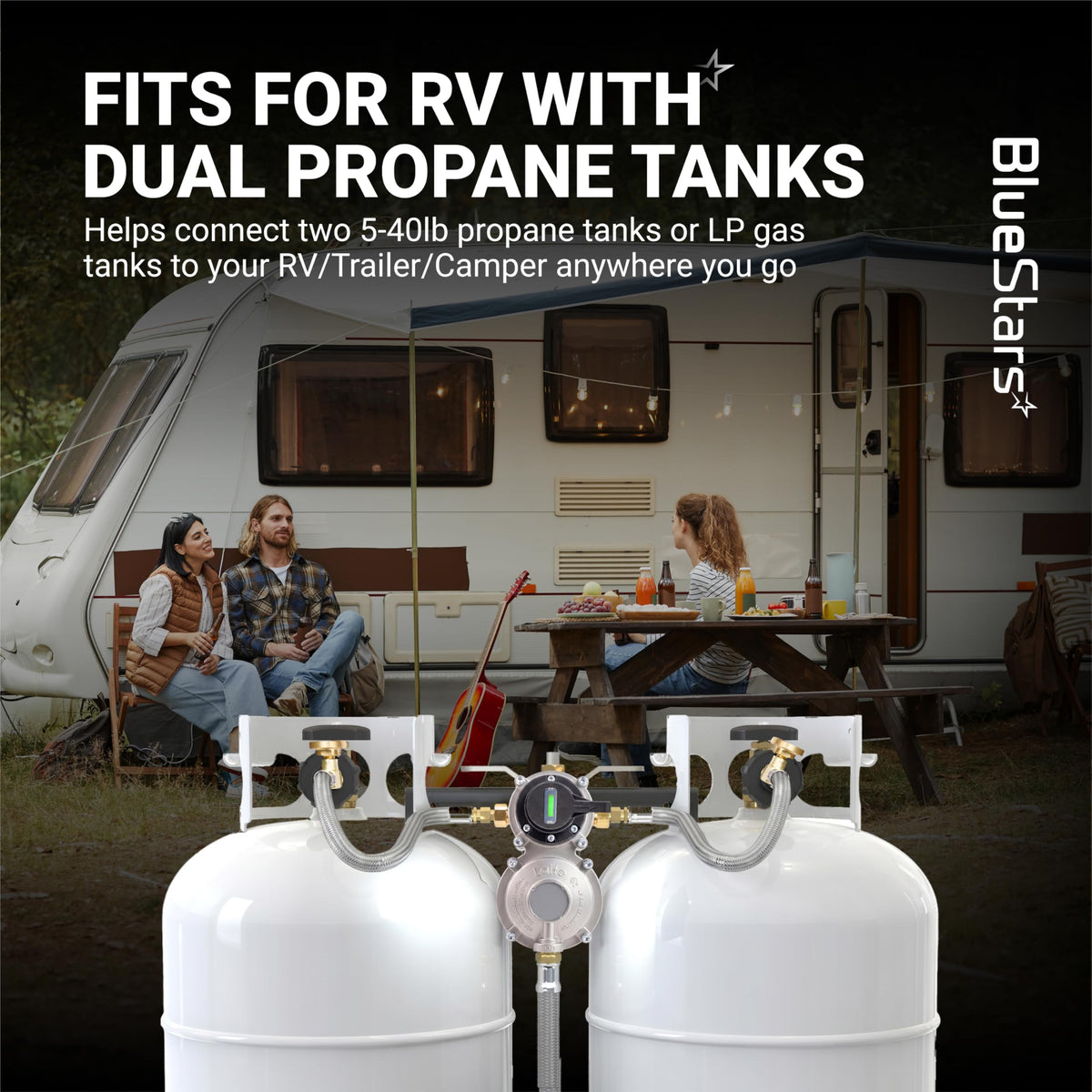 Dual propane tank auto-changeover regulator connected to two RV gas tanks for trailers and campers.