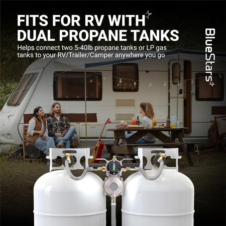 Dual propane tank auto-changeover regulator connected to two RV gas tanks for trailers and campers.