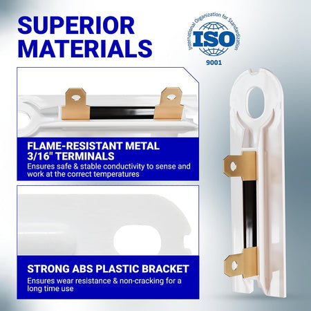 3392519 dryer thermal fuse, close-up showing flame-resistant 3/16-inch terminals and ABS plastic bracket
