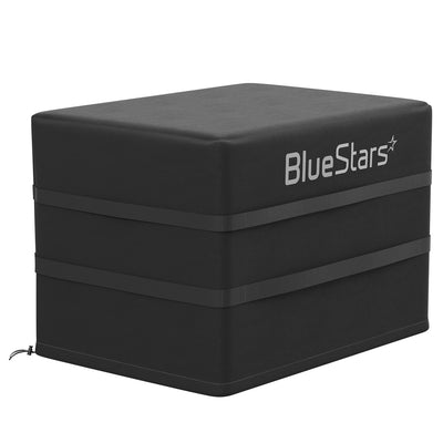 Black heavy-duty insulated window air conditioner cover with BlueStars logo and adjustable drawstring.