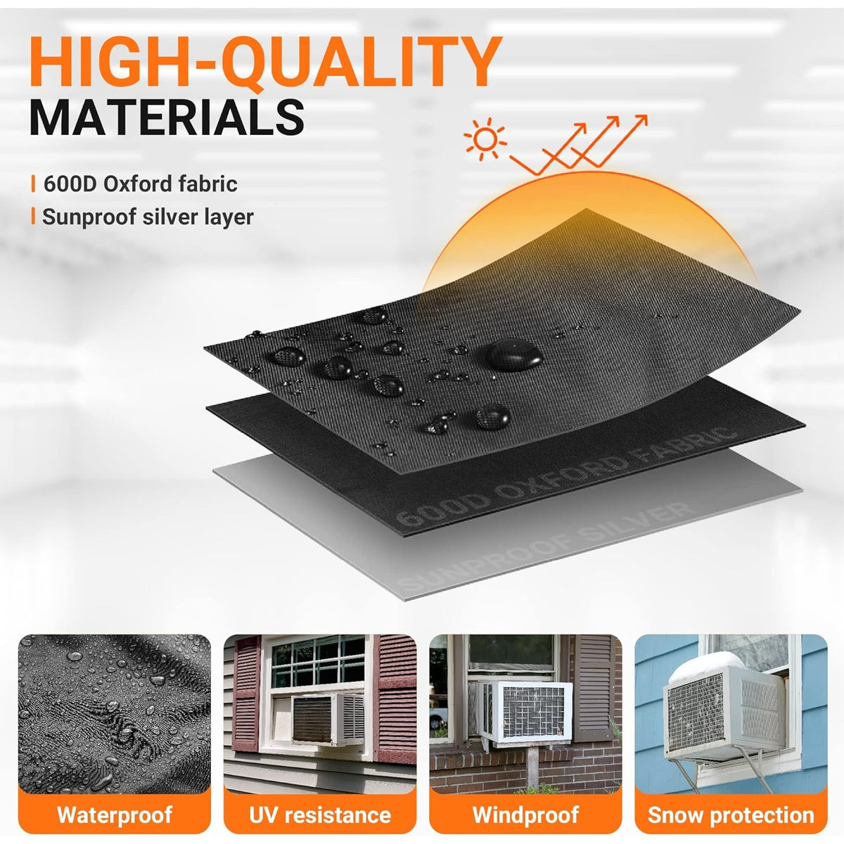 Infographic showing 600D Oxford fabric and sunproof silver layer material for window air conditioner cover protection.