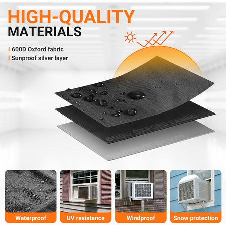 Infographic showing 600D Oxford fabric and sunproof silver layer material for window air conditioner cover protection.