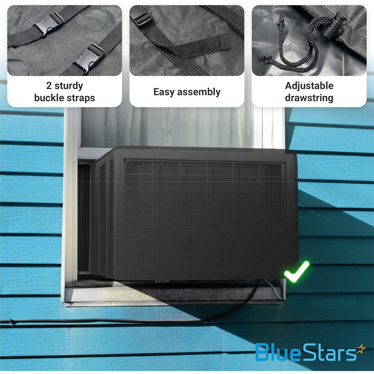 Window air conditioner cover installed on an outdoor unit with close-up details of buckle straps and adjustable drawstring.