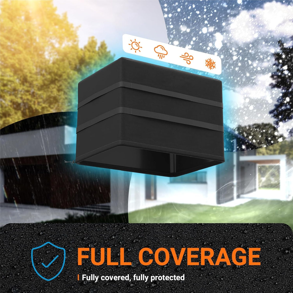 Heavy-duty black window air conditioner cover providing all-weather protection against sun, rain, and snow.
