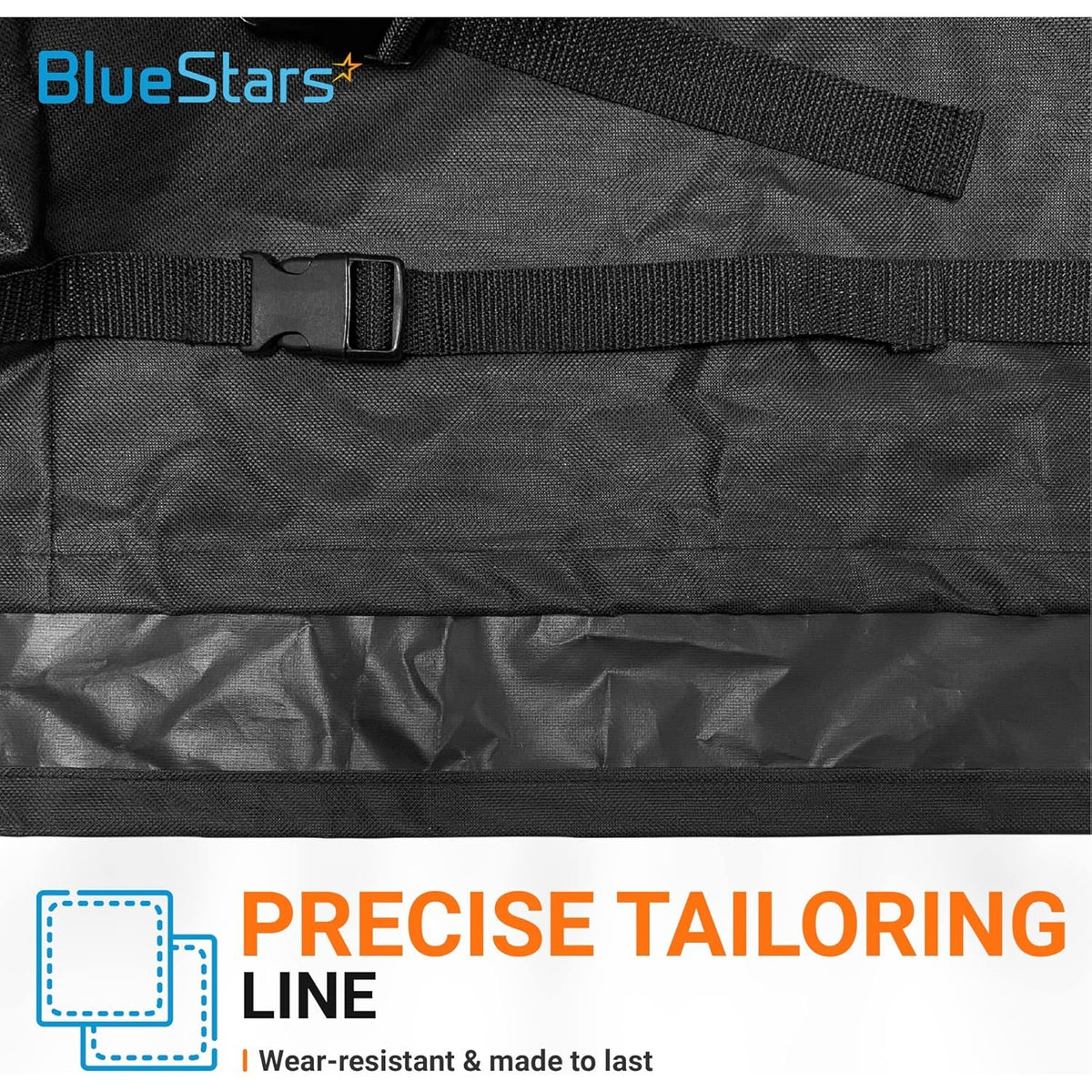 Close-up of heavy-duty black fabric and adjustable buckle strap on BlueStars window air conditioner cover.