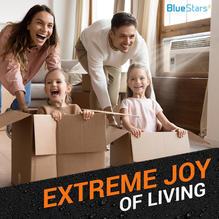 Family playing with cardboard boxes in a living room with a window air conditioner installed.