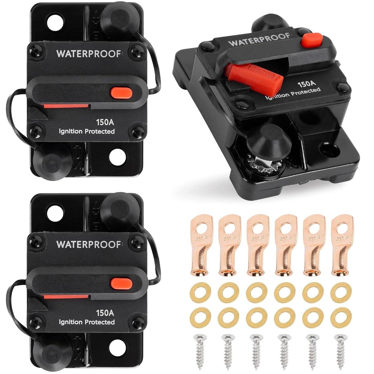 Three 150A waterproof ignition-protected circuit breakers with copper terminals, washers, and mounting screws.