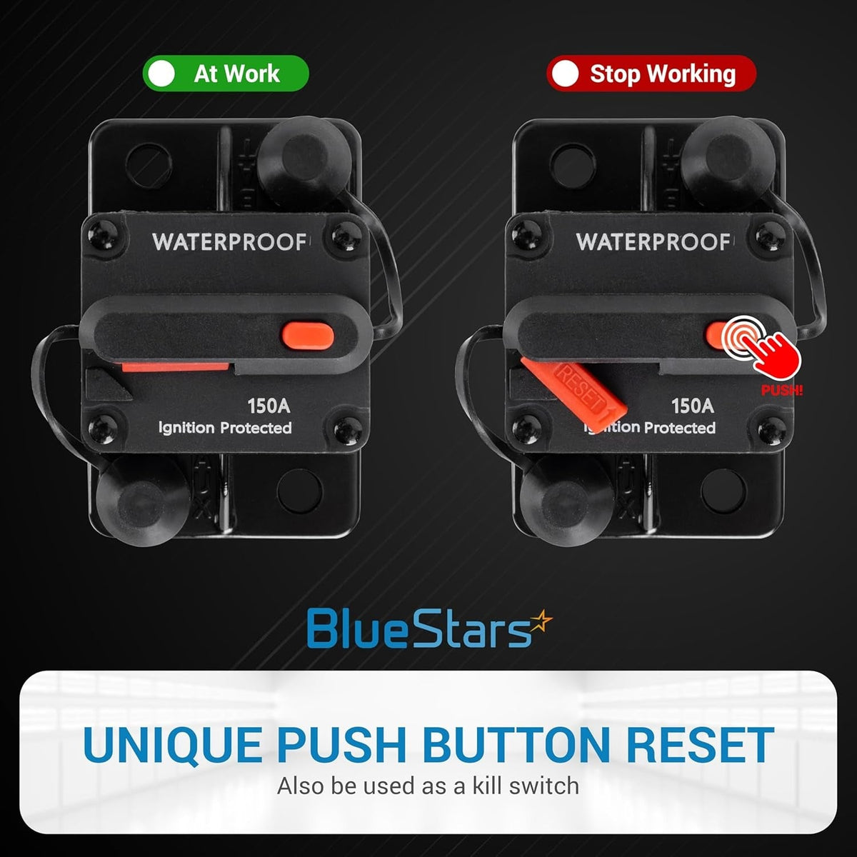 Diagram showing 150A waterproof circuit breaker with push-button reset and kill switch functionality.