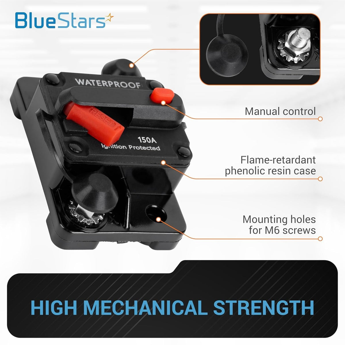 Single 150Amp waterproof circuit breaker with manual reset button and M6 mounting holes.
