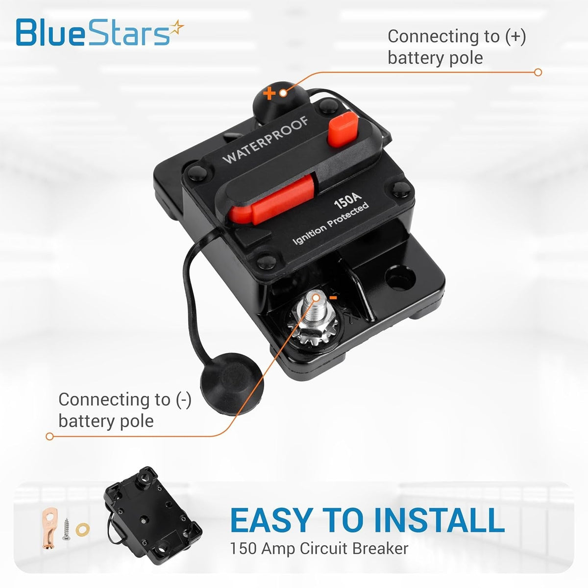 Single 150Amp waterproof circuit breaker with battery pole connection diagram.