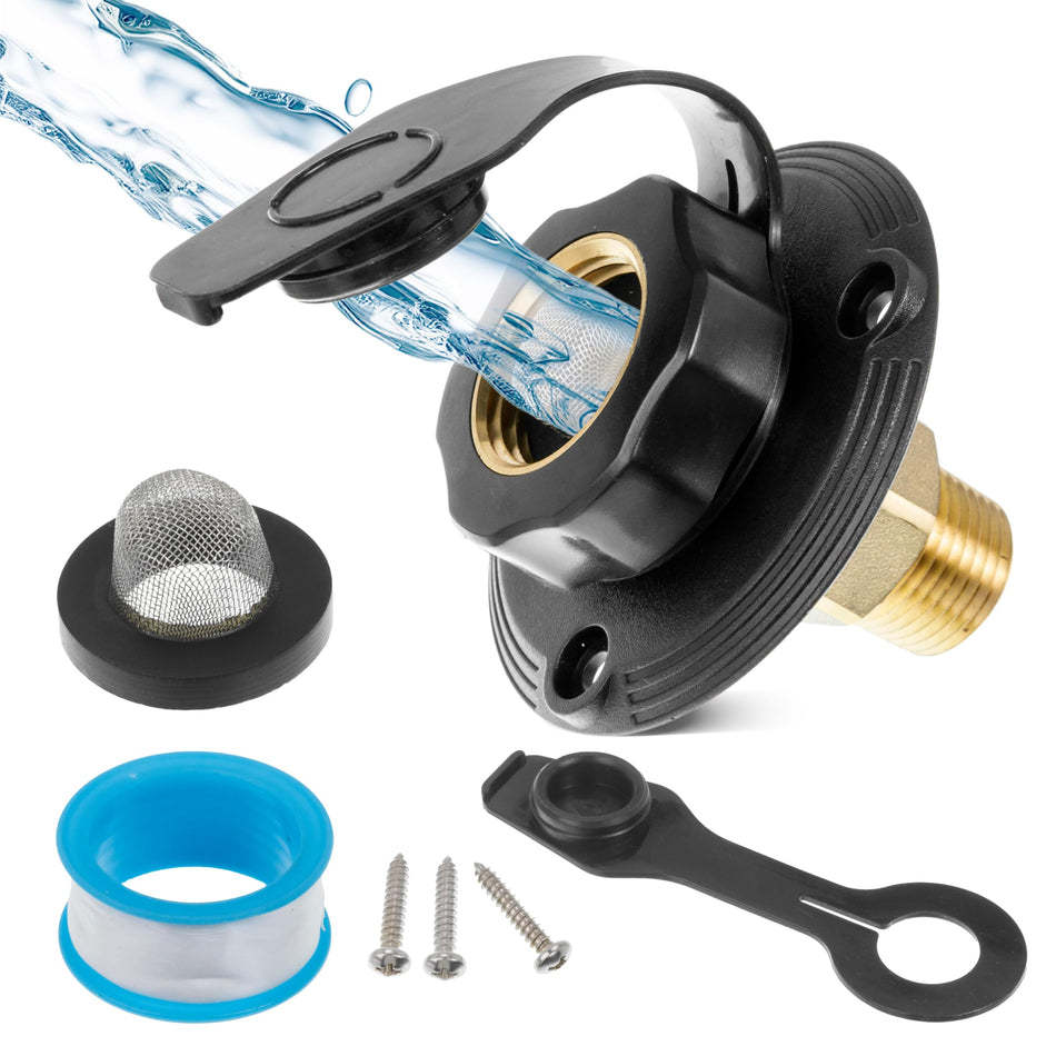 [Lifetime Warranty] RV City Water Inlet - Brass Black Flange with Check Valve - 3/4" NH Female Connection to 1/2" NPT Male Thread (Black)