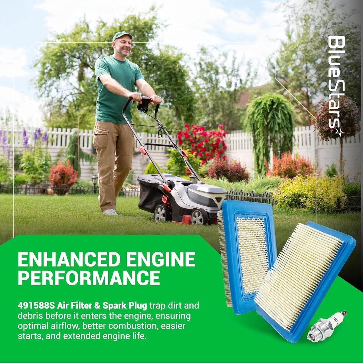 491588S air filters and 5062K spark plug set for lawn mower engine maintenance and performance.