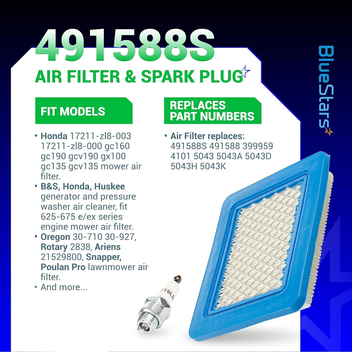 491588S air filter and spark plug replacement kit with compatibility and part number information graphic.