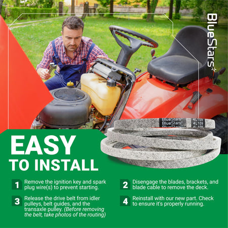954-04045 mower deck belt replacement with installation instructions for Cub Cadet and Troy Bilt lawn mowers.