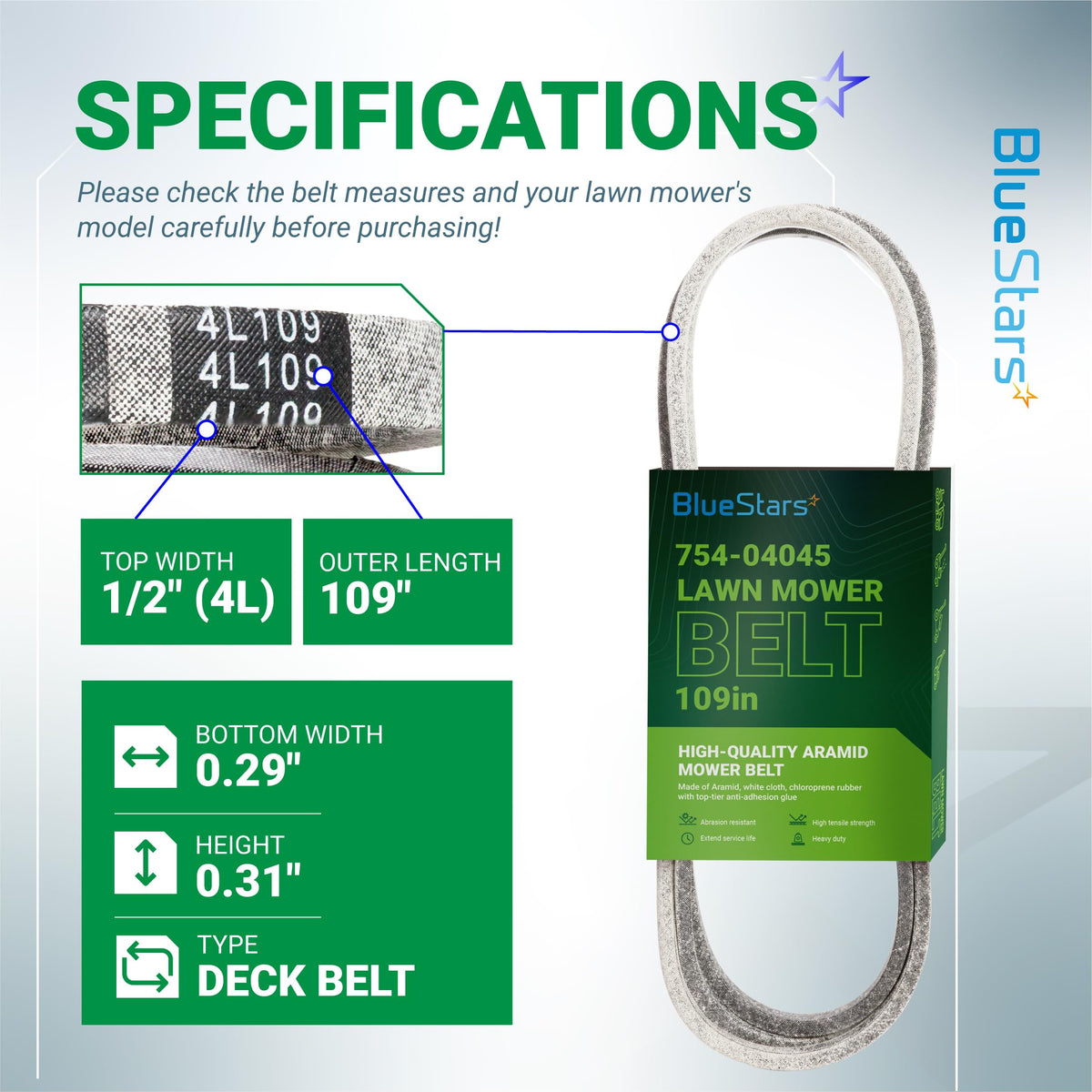 Specification chart for 954-04045 mower deck belt showing 1/2 inch by 109 inch dimensions and product details.