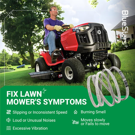 954-04045 mower deck belt for 42-inch lawn tractors shown with troubleshooting guide for common mower symptoms.