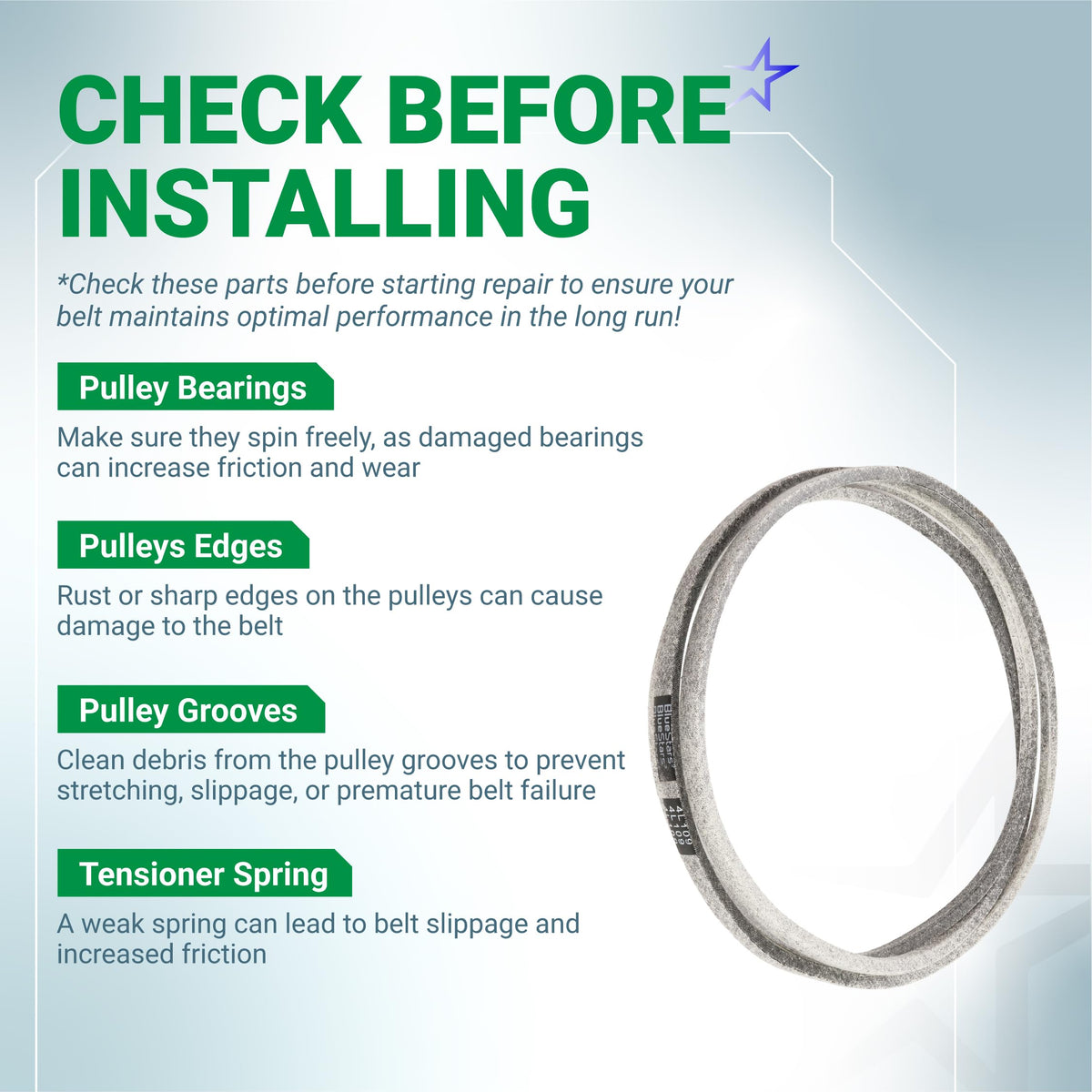 Informational graphic for 954-04045 mower deck belt showing pre-installation checks for pulleys and tensioner springs.