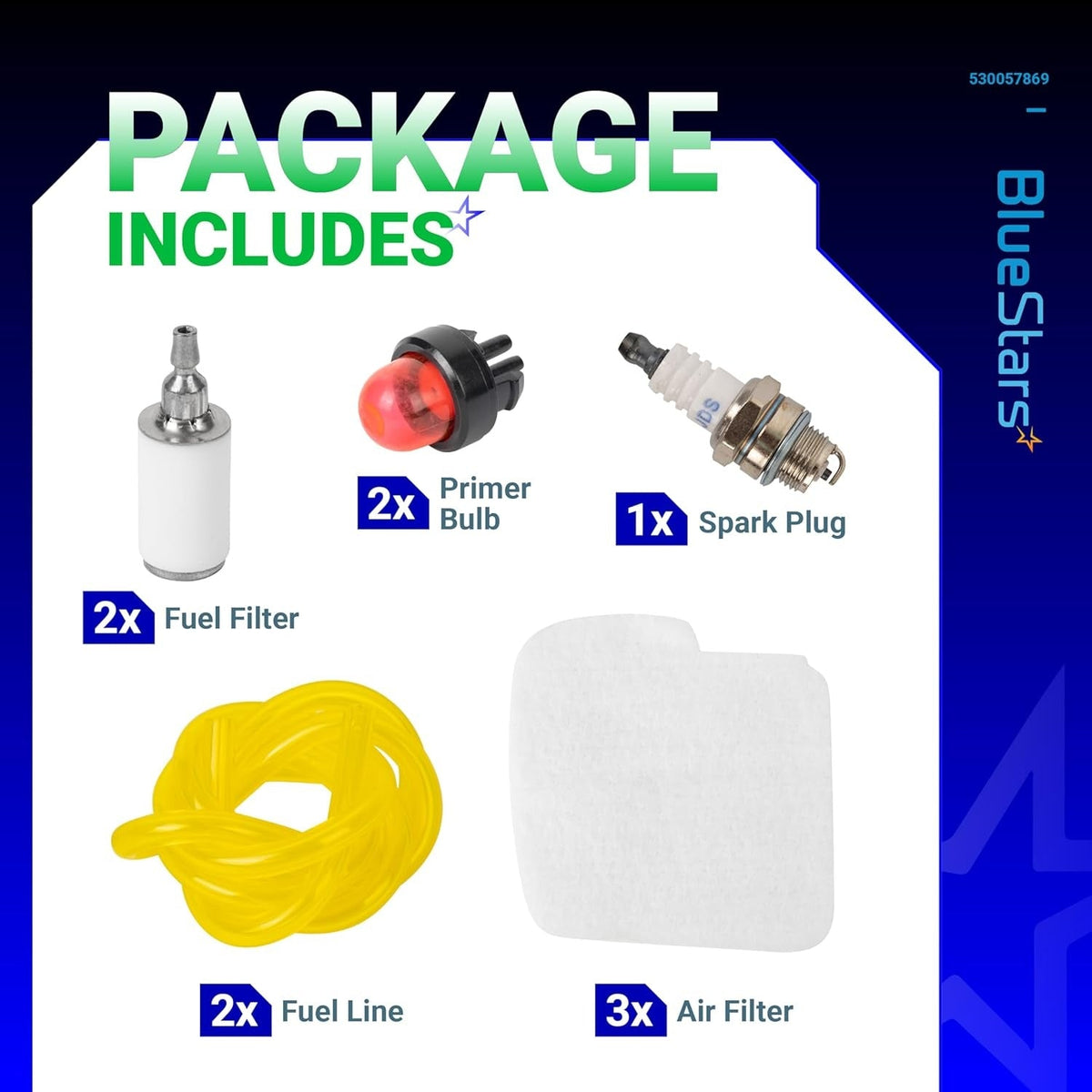 530057869 chainsaw tune-up kit components including fuel filters, primer bulbs, spark plug, fuel line, and air filters.
