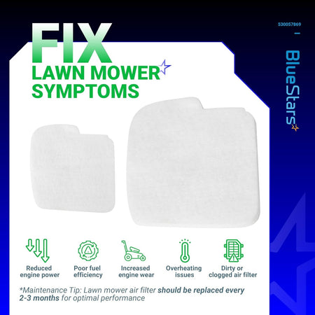 Two white replacement air filters for Poulan chainsaw tune-up kit 530057869 shown with maintenance symptom icons.