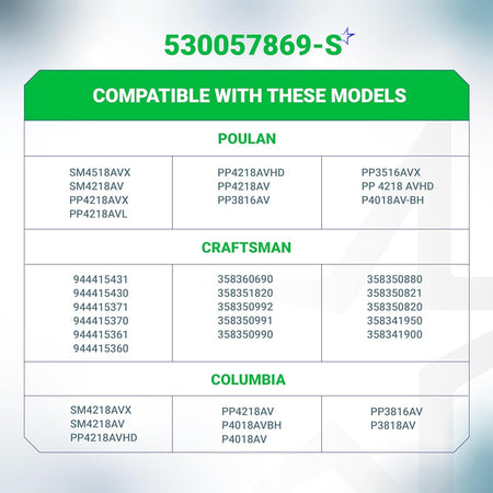 Compatibility chart for 530057869 air filter tune-up kit listing Poulan, Craftsman, and Columbia chainsaw models.