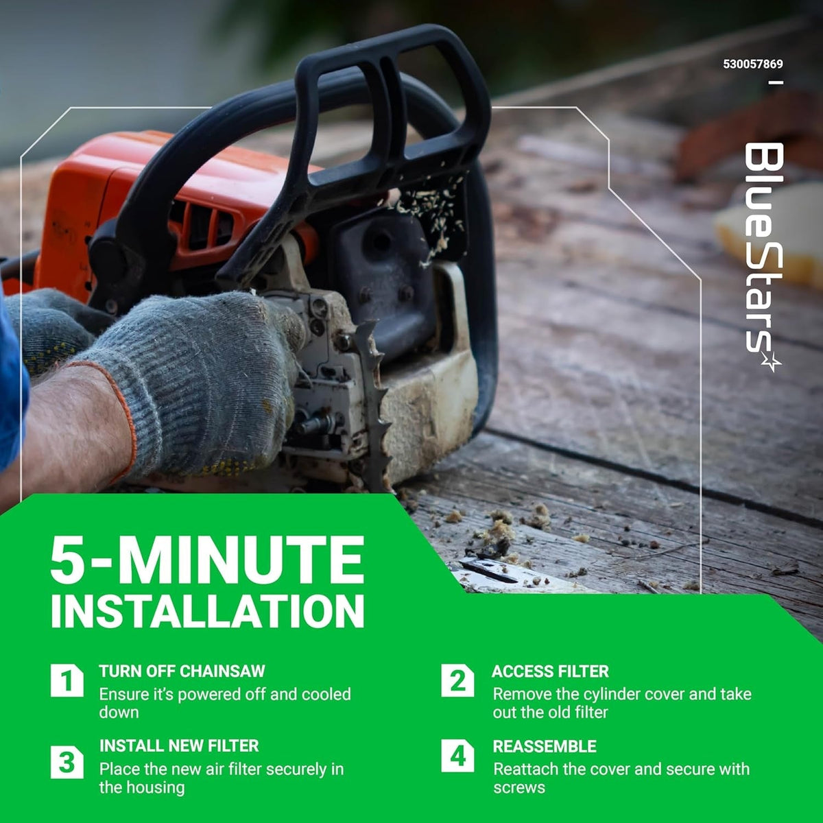 Instructional graphic showing 5-minute installation steps for 530057869 air filter kit on a Poulan chainsaw.