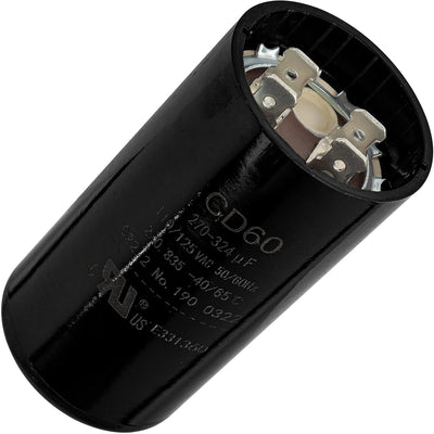 Close-up of a 270-324 uF 110-125 VAC round motor start capacitor showing terminal connectors.