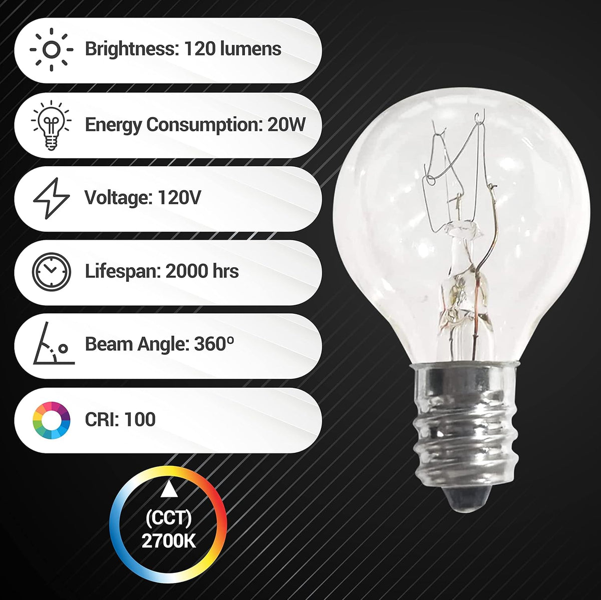 Single G30 E12 20W replacement bulb for Scentsy warmers with technical specifications infographic.