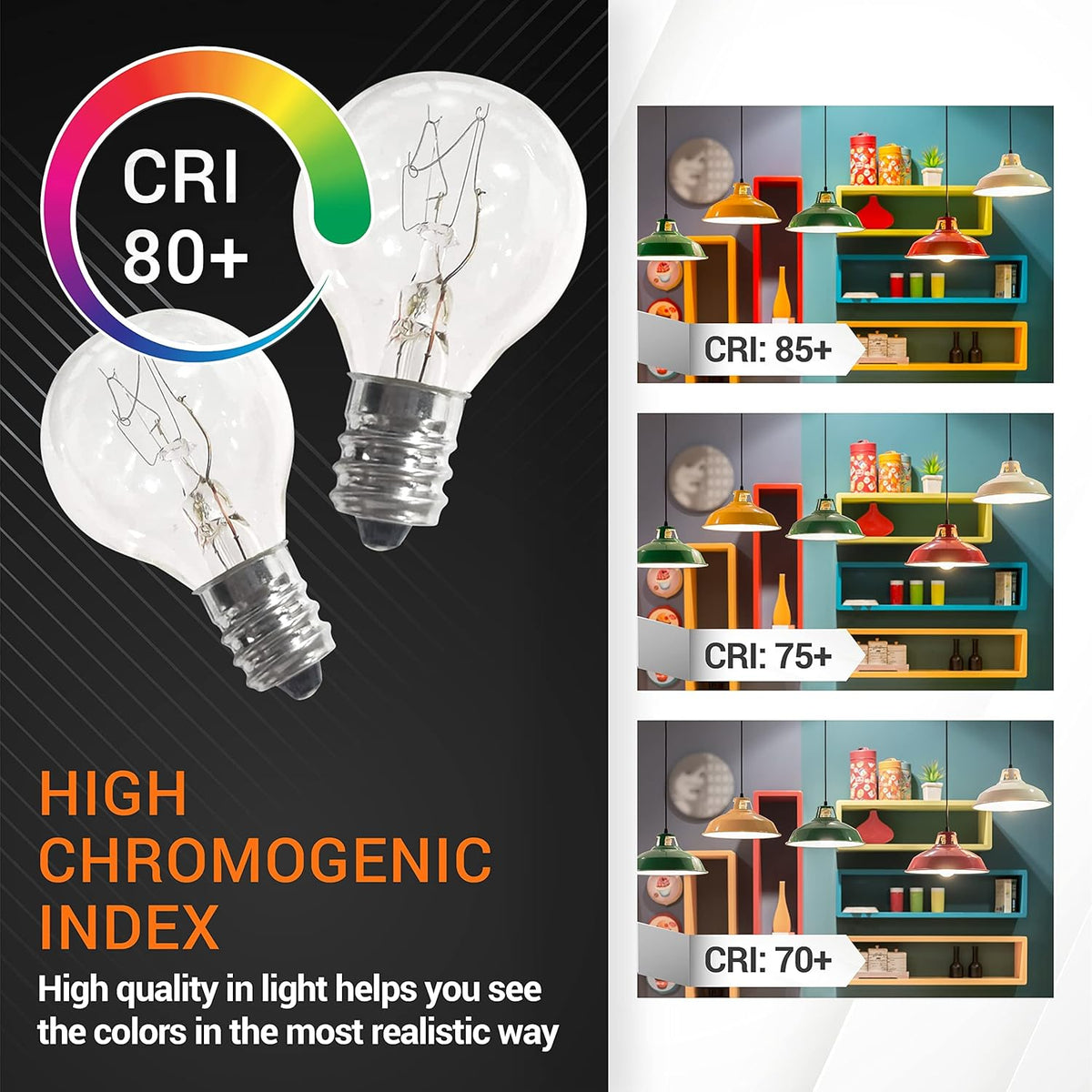 Two G30 E12 20W replacement bulbs for Scentsy warmers showing CRI 80+ color rendering comparison chart.