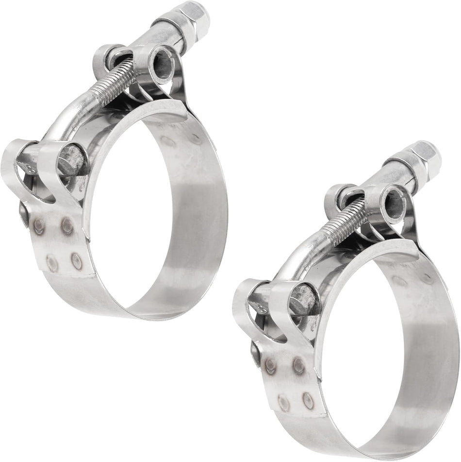 Two 1.5-inch 304 stainless steel T-bolt hose clamps with 44mm-50mm working range.