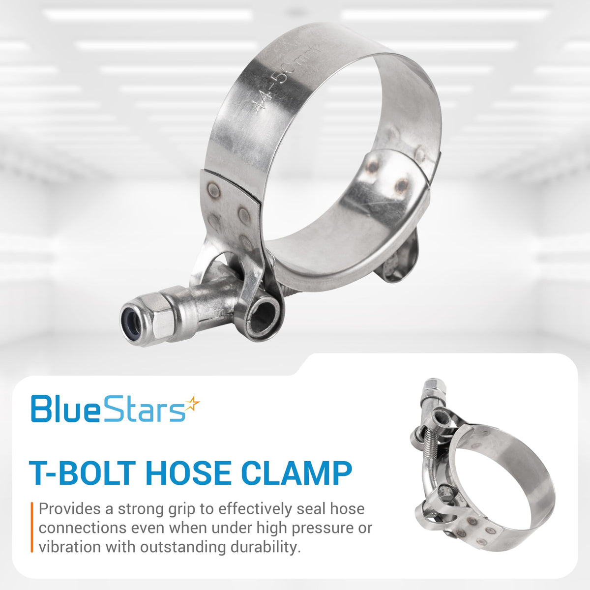 1.5-inch T-bolt hose clamp with 44mm-50mm working range shown in a product feature graphic.