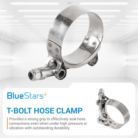 1.5-inch T-bolt hose clamp with 44mm-50mm working range shown in a product feature graphic.