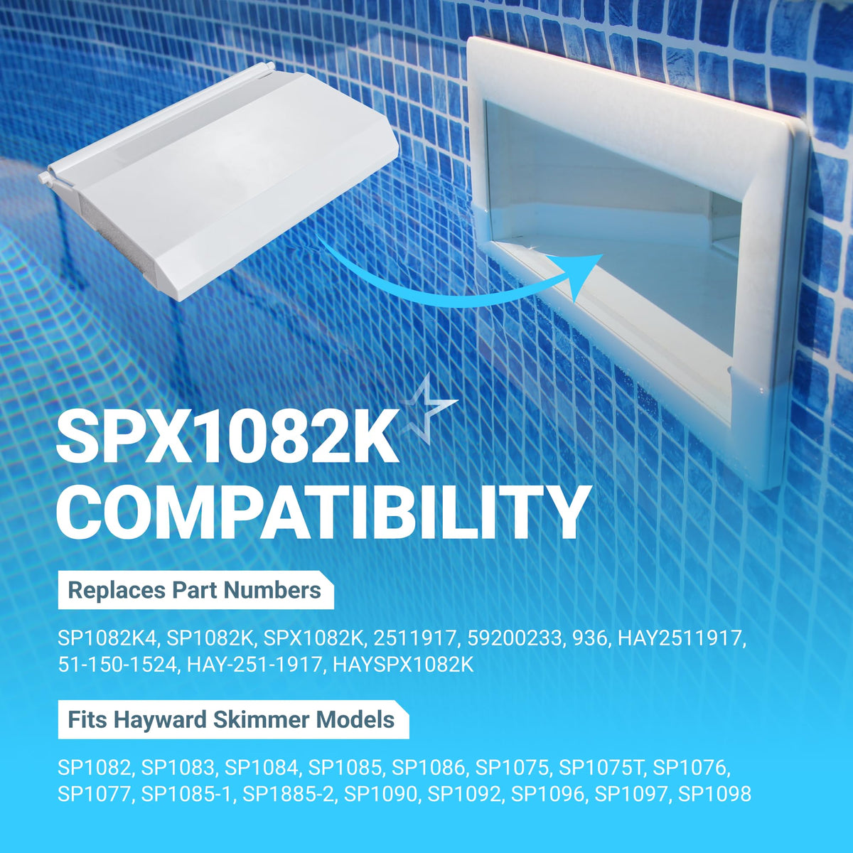SPX1082K pool skimmer weir door replacement showing installation into a Hayward skimmer housing.